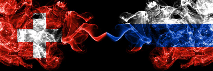 Switzerland, Swiss vs Russia, Russian smoky mystic flags placed side by side. Thick colored silky abstract smoke flags.