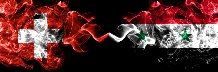 Switzerland, Swiss vs Syria, Syrian smoky mystic flags placed side by side. Thick colored silky abstract smoke flags.