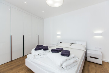Interior photography, large bedroom in white, minimalist style