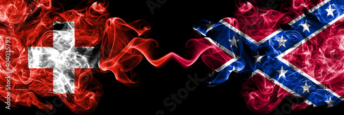 Switzerland, Swiss vs United States of America, America, US, USA, American, Confederate Navy Jack smoky mystic flags placed side by side. Thick colored silky abstract smoke flags.