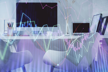 Double exposure of stock market graph drawing and office interior background. Concept of financial analysis.