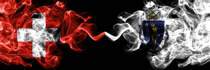 Switzerland, Swiss vs United States of America, America, US, USA, American, Massachusetts smoky mystic flags placed side by side. Thick colored silky abstract smoke flags.