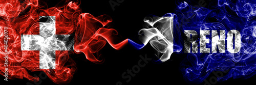 Switzerland, Swiss vs United States of America, America, US, USA, American, Reno, Nevada smoky mystic flags placed side by side. Thick colored silky abstract smoke flags.