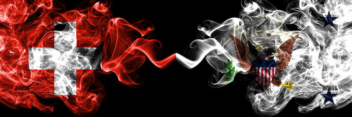 Switzerland, Swiss vs United States of America, America, US, USA, American, Vice President smoky mystic flags placed side by side. Thick colored silky abstract smoke flags.