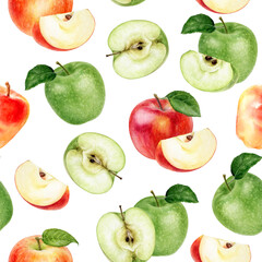 Watercolor seamless pattern apples isolated on white.