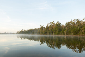 Fototapeta na wymiar Beautiful nature and fog on the reservoir in Khao Yai National Park Thailand