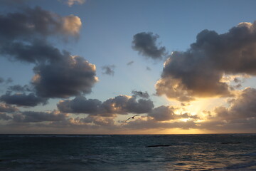 Sun rays at sunset through the clouds on the beach in the evening 