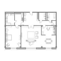 Architectural plan of the apartment. Technical drawing. Top view with a set of furniture and plumbing equipment. Vector isolated