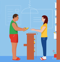 a man stands at the reception and chooses climbing shoes