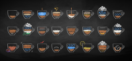 Illustration set of different coffee types - obrazy, fototapety, plakaty