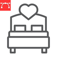 Love bed line icon, valentines day and sex, bed with heart sign vector graphics, editable stroke linear icon, eps 10.