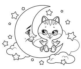 Cartoon kitten sits on the crescent moon and tells something outlined for coloring on a white background