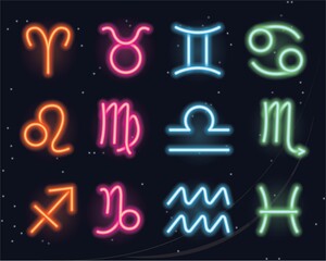 Neon lights horoscope icons set element