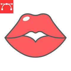 Red lips color line icon, valentines day and kiss, sexy lips sign vector graphics, editable stroke filled outline icon, eps 10.