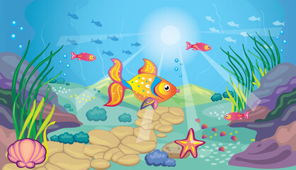 Plakat Fabulous landscape with sea bottom. Ocean background for wallpaper. Golden fish. Children's cartoon illustration for print. Fairy tale. Aquarium with gold fish. Vector.