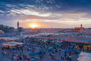 Jemaa el-Fnaa in Marrakech in the evening at sunset, Morocco