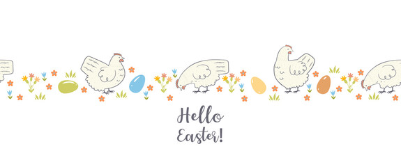 Easter banner with cute chickens and eggs. Vector graphics.