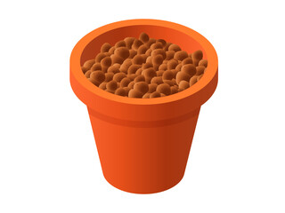 Isometric vector illustration flower pot with expanded clay aggregate isolated on white background. Realistic plant pot with expanded clay drainage vector icon in flat cartoon style.