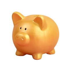 Close up of gold piggy bank on white background