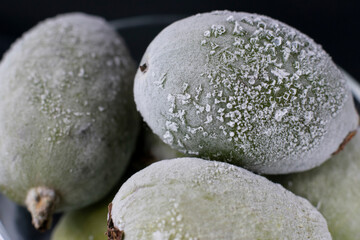 Close up frozen feijoas with frosty surface. Berries of iodine source