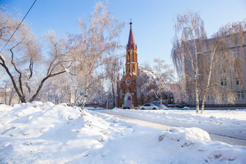 landscape of Irkutsk city of Russia during winter season,church and tree are cover by snow.It is very beautiful scene shot for photographer to take picture.Winter is high season to travelling Russia
