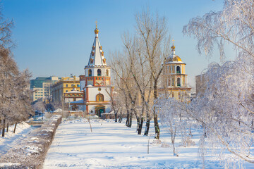 landscape of Irkutsk city of Russia during winter season,church and tree are cover by snow.It is very beautiful scene shot for photographer to take picture.Winter is high season to travelling Russia
