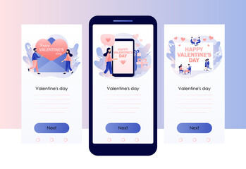 Fototapeta na wymiar Happy Valentines day. Tiny people in love. Romantic relations. Screen template for mobile smart phone. Modern flat cartoon style. Vector illustration
