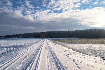 Fototapeta na wymiar Winterlandschaft, schneebedeckter Weg , Sonniger Wintertag, Feldweg auf dem Land im Winter bei bewölktem Himmel