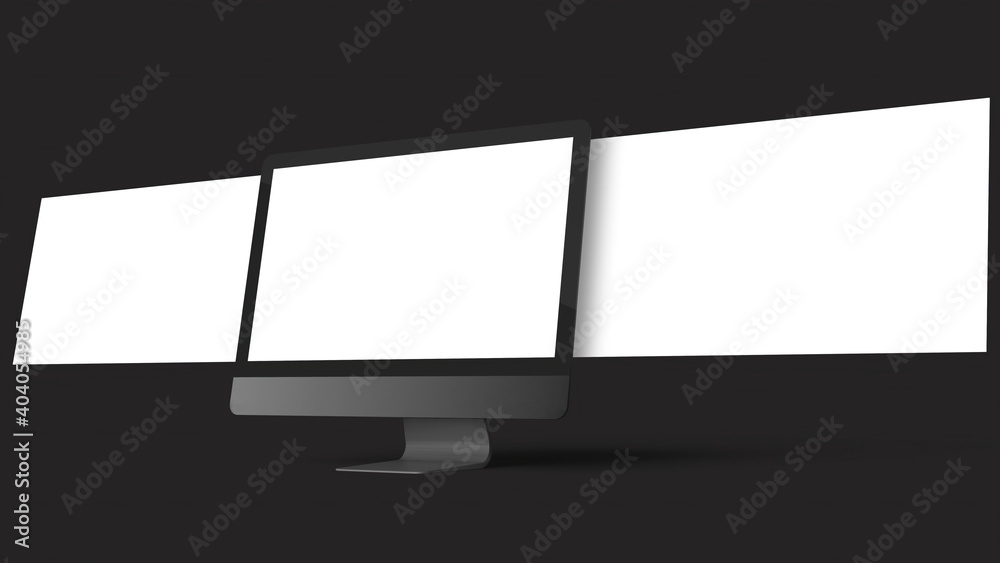 Wall mural black desktop computer mockup with multiple floating screens