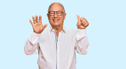 Senior caucasian man wearing business shirt and glasses showing and pointing up with fingers number six while smiling confident and happy.