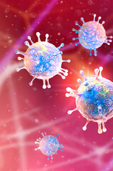 Microscopic view of Coronavirus, a pathogen that attacks the respiratory tract. Covid-19. Analysis and test, 3d render. Viral infection. Propagation of the virus in the human body. Vaccine