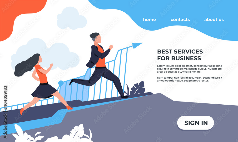 Poster Business landing page. Website interface design. Cartoon running people and symbol of finance indicators. Modern UI template with buttons and text. Web service for workflow organization, vector mockup