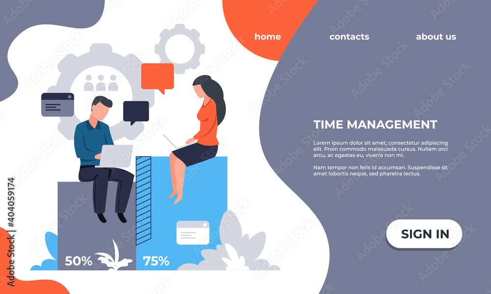 Poster Business landing page. Website UI template. Time management and workflow optimization. Web service for effective organization work processes. Colorful interface with text and buttons, vector mockup