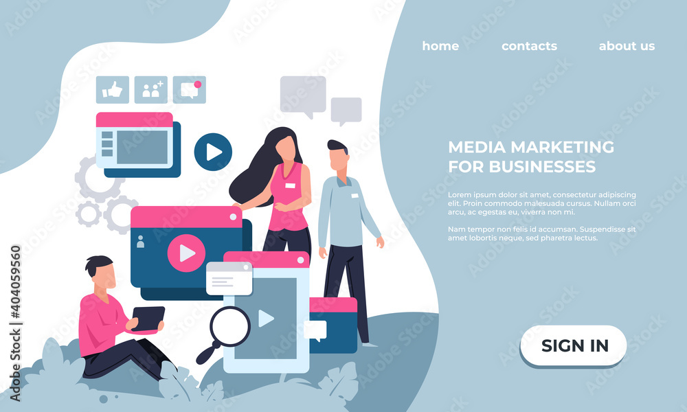 Poster Marketing landing page. Modern SEO and business analytics. Colorful website interface design with lettering and buttons. Development strategy for effective management web services, vector UI mockup