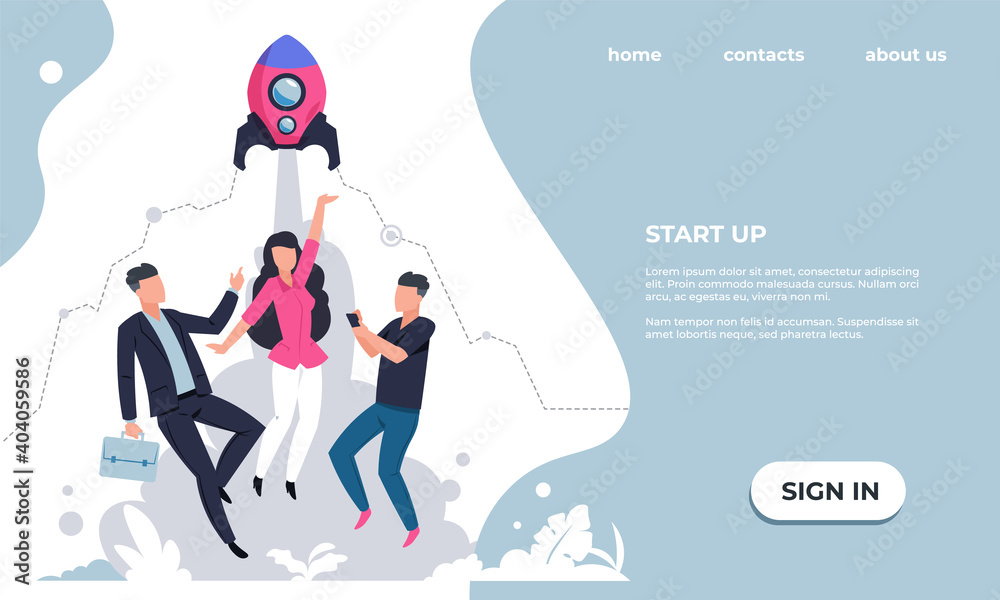 Poster Marketing landing page. Start up and business projects. Workflow organization or management. Website UI design with text and buttons. Modern web service for young entrepreneurs, vector template