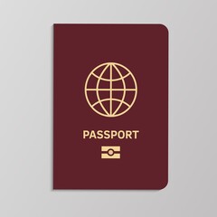 International biometric passport cover template. ID with gold map on red background, national or foreign official identification document, identity card for citizens, realistic isolated object