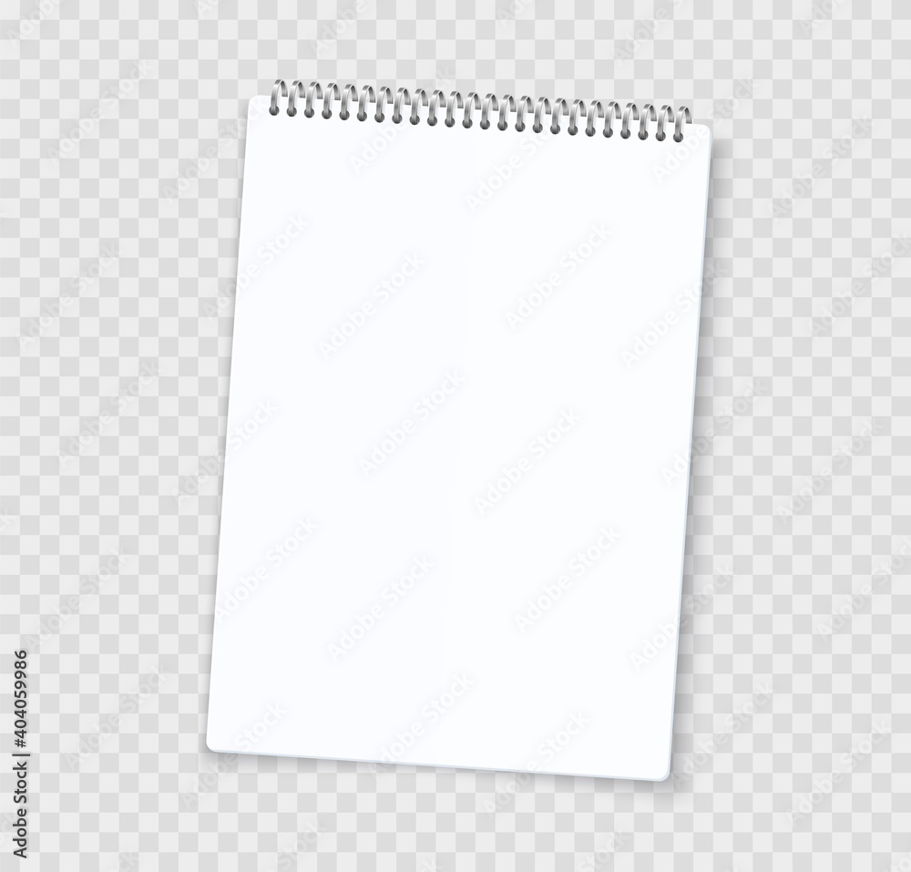 Poster Blank notebook sheets. Realistic notepad with binder. 3D white paper page and perforated edge. Isolated empty copybook for writing on transparent background. Vector stationery template with copy space