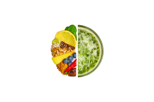 Sirtfood diet concept. Half a glass of  spinach juice and half of glass shape filled with sirtfood diet products. Spinach, lemon, coffee, celery, nuts, apple, turmeric, blueberries, peppers. Top view.