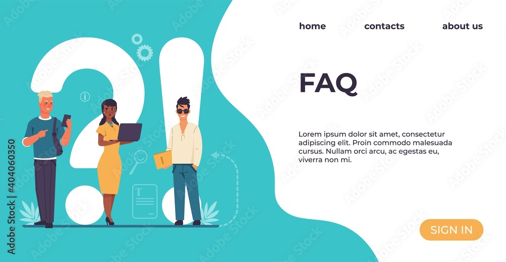 Poster FAQ landing page. People ask questions. Online support service. Advices and recommendations for solution problems. Website design, colorful interface with buttons and lettering, vector UI template