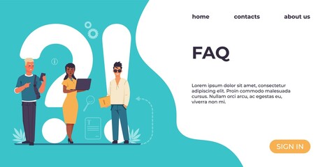 FAQ landing page. People ask questions. Online support service. Advices and recommendations for solution problems. Website design, colorful interface with buttons and lettering, vector UI template
