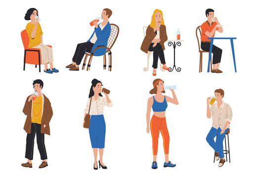 People drink. Cartoon men and women holding bottles, cups and glasses. Isolated cute drinking persons at home and in restaurant or outdoor. Young males and females with beverages, vector flat set