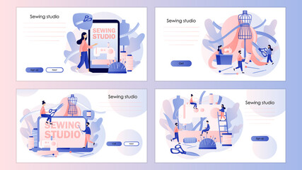 Fototapeta na wymiar Sewing studio concept. Tiny people tailors create outfit and apparel. Screen template for mobile smart phone, landing page, template, ui, web, mobile app, poster, banner, flyer. Vector illustration 