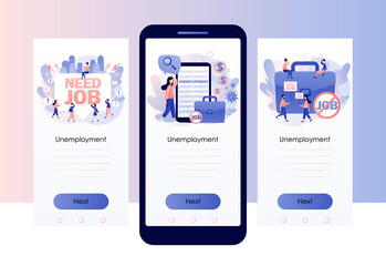 Naklejka na ściany i meble Unemployment social problem concept. Tiny people unemployed looking for job. Economic crisis, business closed. Screen template for mobile smart phone. Modern flat cartoon style. Vector illustration