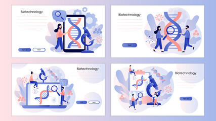 Fototapeta premium Biotechnology concept. Tiny people scientists study dna use microscope. Screen template for mobile smart phone, landing page, template, ui, web, mobile app, poster, banner, flyer. Vector illustration 
