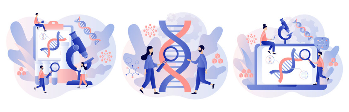 Biotechnology concept. Innovation, science, laboratory research,  genetic testing, chemical, GMO, bioengineering and organism, study dna use microscope. Modern flat cartoon style. Vector illustration 