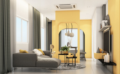 Living room with gray furniture and geometric form decorate built-in yellow colour 3d rendering