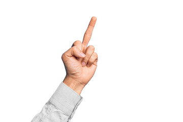 Hand of caucasian young man showing fingers over isolated white background showing provocative and rude gesture doing fuck you symbol with middle finger