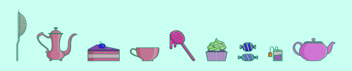 set of tea time cartoon icon design template with various models. vector illustration isolated on blue background