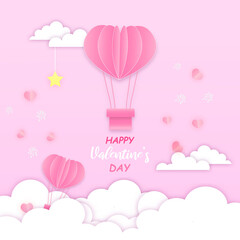 Love and Valentine's Day Postcard with balloon and cloud on pink color of vector paper cut.
