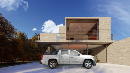 Realistic Truck Mockup On The House Garage Perspective View